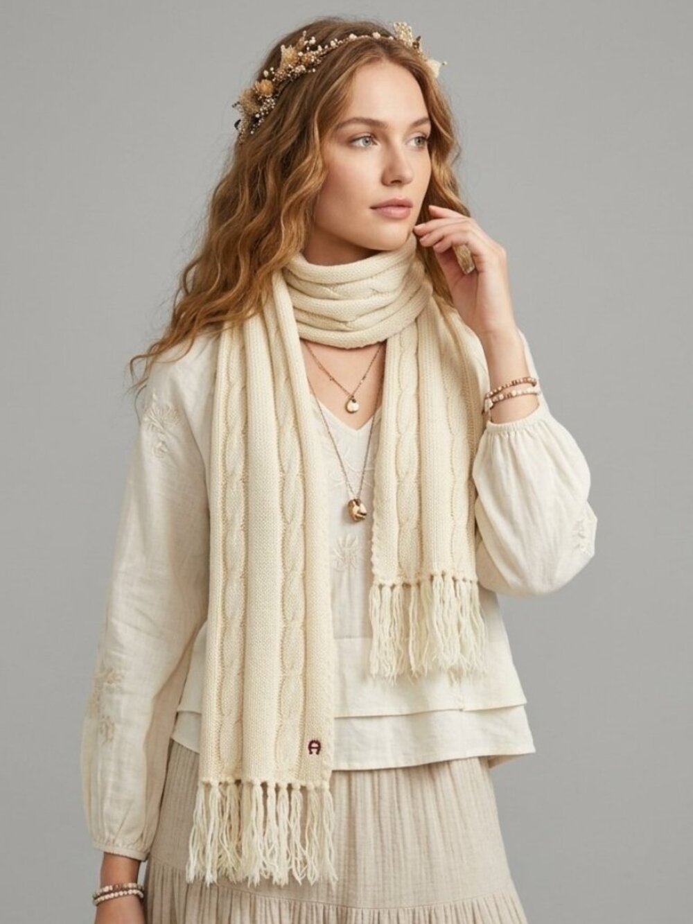 Vintage Etienne Aigner Ivory Cream Woven Fringe Scarf Boho Shawl Wrap